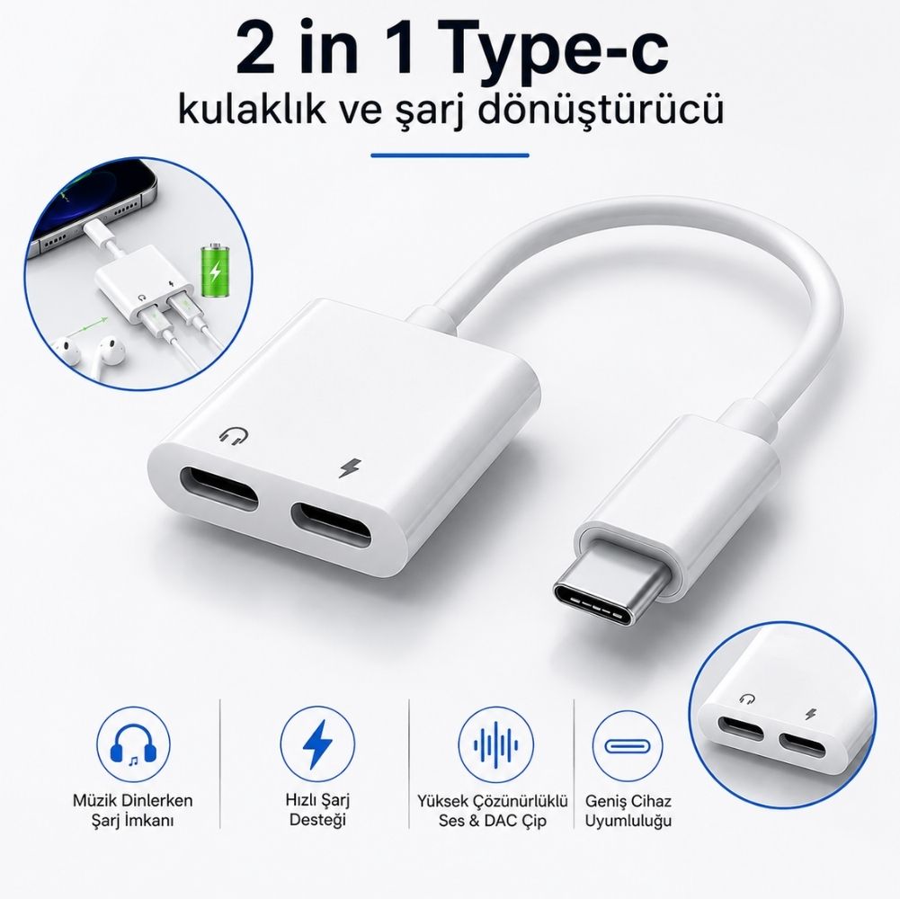 ScHitec 2in1 Type-C Kulaklık ve Şarj Dönüştürücü Hızlı Şarj Adaptör JH032