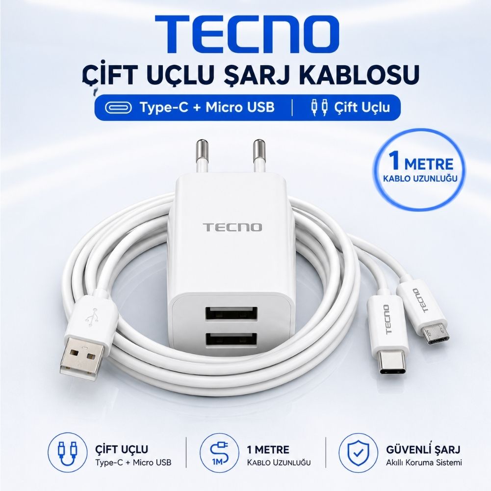 Tecno Çift UsbA Çıkışlı Şarj Aleti Type-C ve Micro Data Kablolu TCW-E01D Beyaz