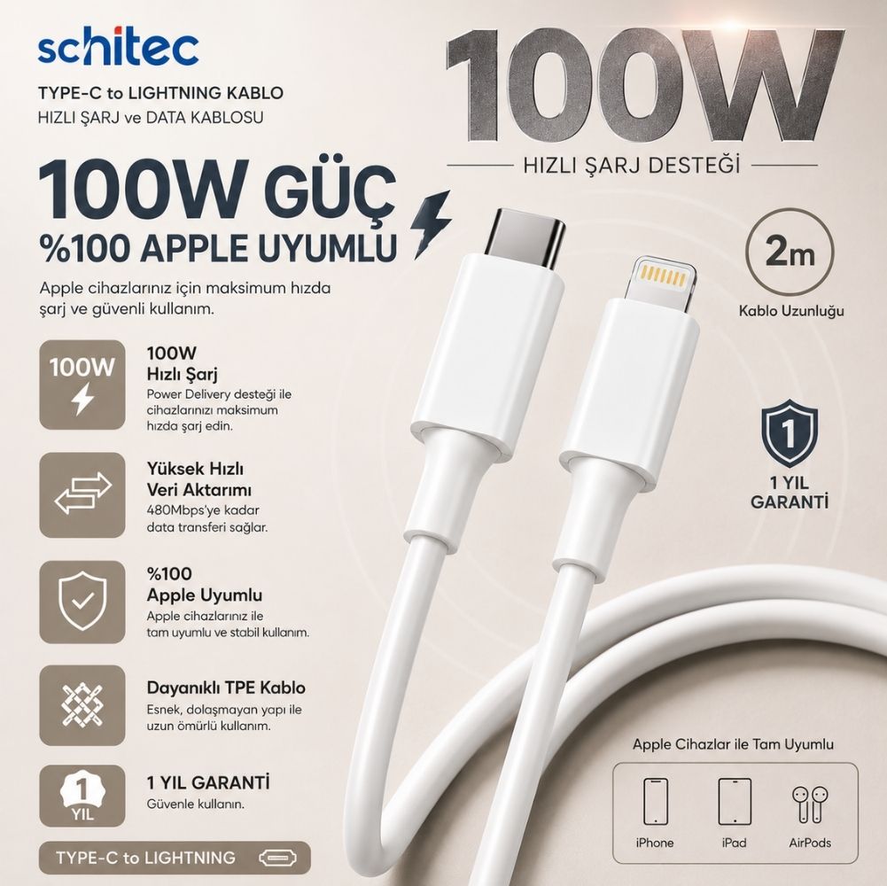 ScHitec 6A 100W Apple Uyumlu Type-C to Lightning 2Metre Süper Hızlı Data ve Şarj Kablosu
