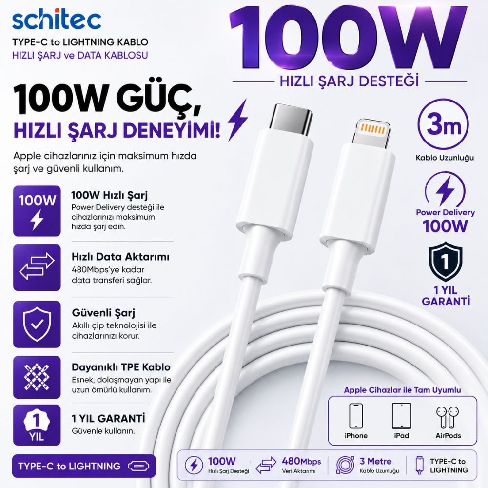 ScHitec 6A 100W Type-C to Lightning Hızlı Data ve Şarj Kablosu 3 Metre Beyaz SX31